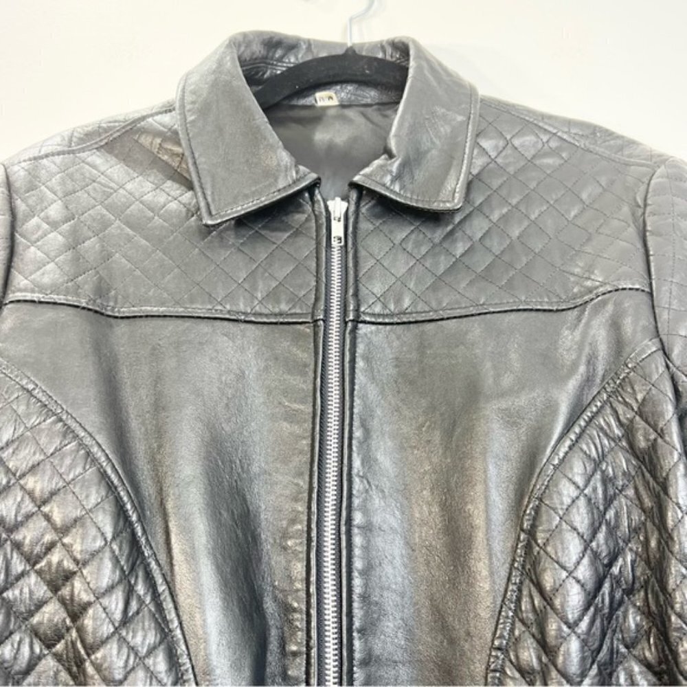Black quilted leather 3/4 length belted jacket M - Picture 9 of 15